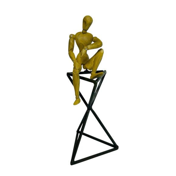 Wooden Jointed Artist Figure Sitting on Metal Stand Modern Figurine Decor 10" - Picture 1 of 7